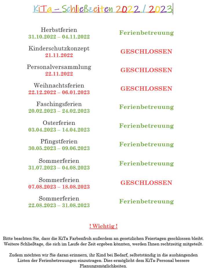 KiTa Schließzeiten 2022/23 KiTa Schließzeiten 2022/23